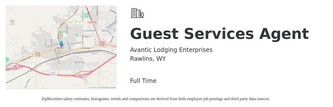 Avantic Lodging Enterprises job posting for a Guest Services Agent in Rawlins, WY with a salary of $13 to $17 Hourly with a map of Rawlins location.