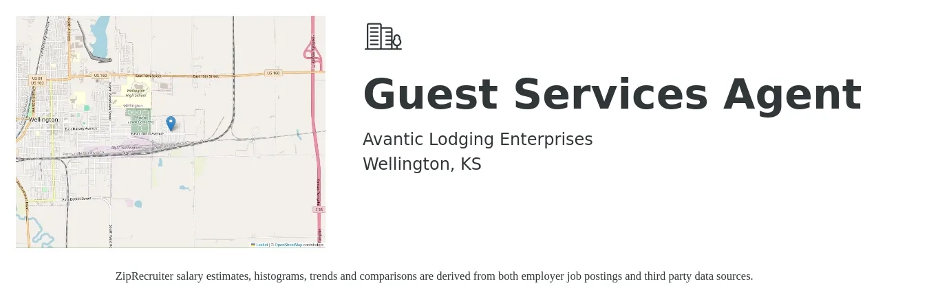 Avantic Lodging Enterprises job posting for a Guest Services Agent in Wellington, KS with a salary of $12 to $16 Hourly with a map of Wellington location.