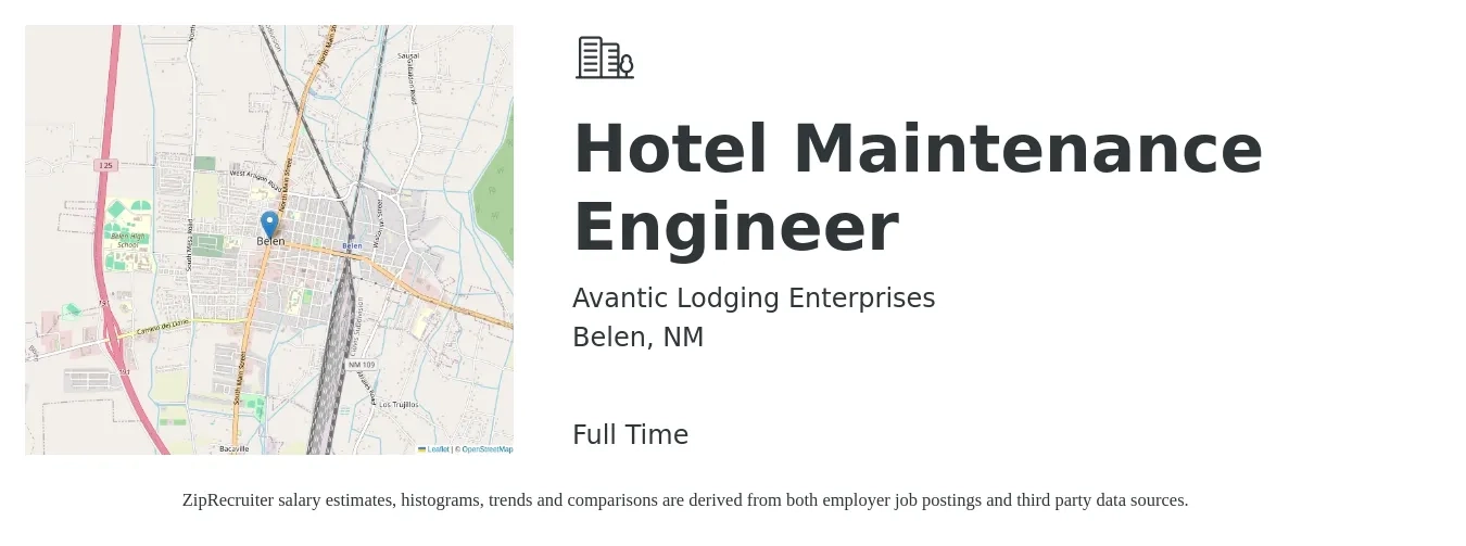 Avantic Lodging Enterprises job posting for a Hotel Maintenance Engineer in Belen, NM with a salary of $15 to $19 Hourly with a map of Belen location.