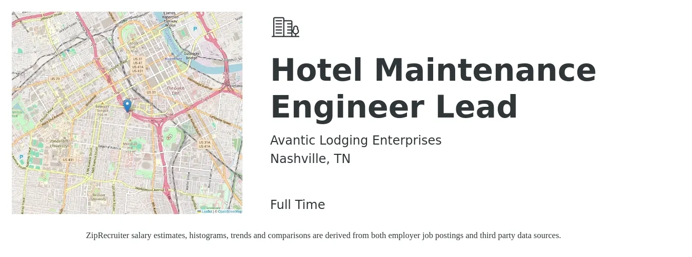 Avantic Lodging Enterprises job posting for a Hotel Maintenance Engineer Lead in Nashville, TN with a salary of $18 to $32 Hourly with a map of Nashville location.