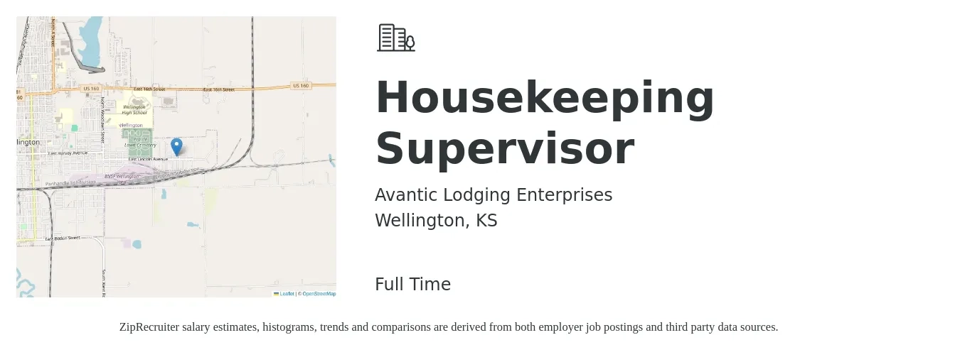 Avantic Lodging Enterprises job posting for a Housekeeping Supervisor in Wellington, KS with a salary of $14 to $20 Hourly with a map of Wellington location.