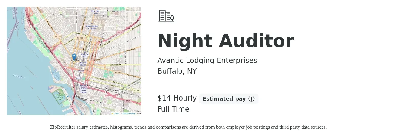 Avantic Lodging Enterprises job posting for a Night Auditor in Buffalo, NY with a salary of $15 Hourly with a map of Buffalo location.