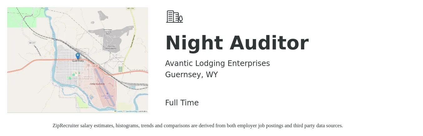 Avantic Lodging Enterprises job posting for a Night Auditor in Guernsey, WY with a salary of $14 to $19 Hourly with a map of Guernsey location.