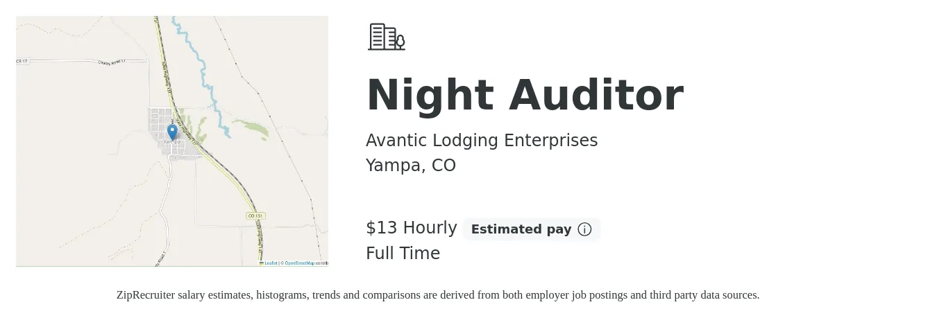 Avantic Lodging Enterprises job posting for a Night Auditor in Yampa, CO with a salary of $14 to $18 Hourly with a map of Yampa location.