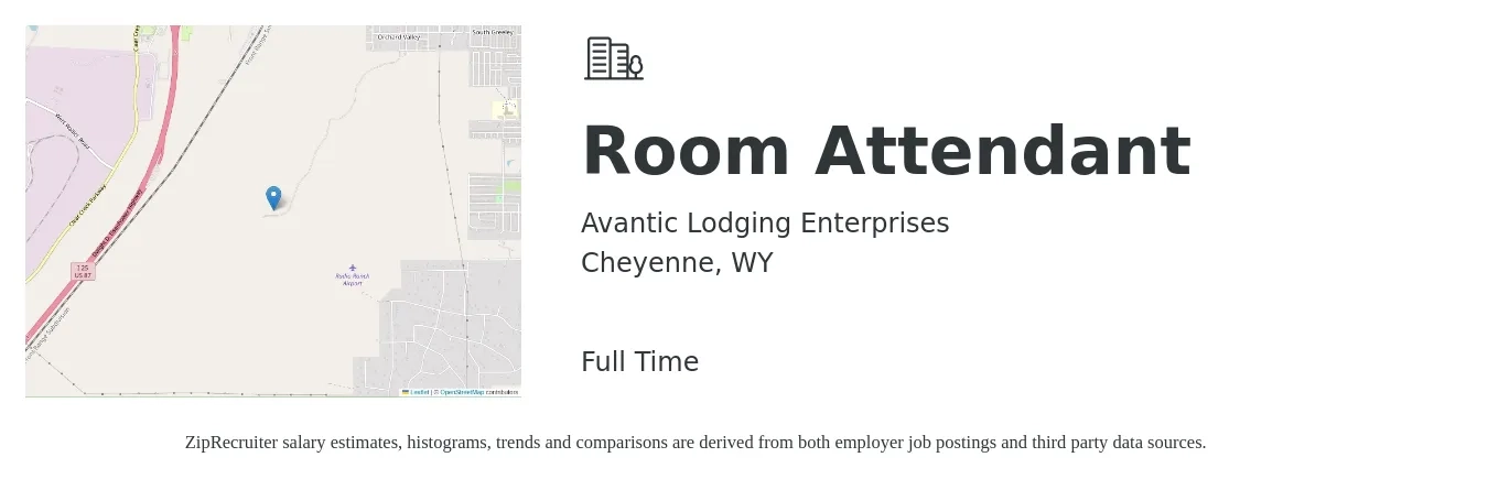 Avantic Lodging Enterprises job posting for a Room Attendant in Cheyenne, WY with a salary of $13 to $16 Hourly with a map of Cheyenne location.
