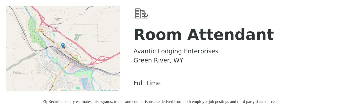 Avantic Lodging Enterprises job posting for a Room Attendant in Green River, WY with a salary of $15 to $19 Hourly with a map of Green River location.