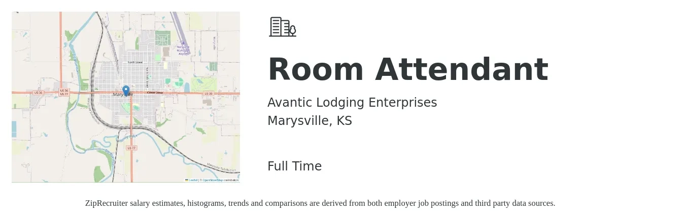 Avantic Lodging Enterprises job posting for a Room Attendant in Marysville, KS with a salary of $12 to $15 Hourly with a map of Marysville location.