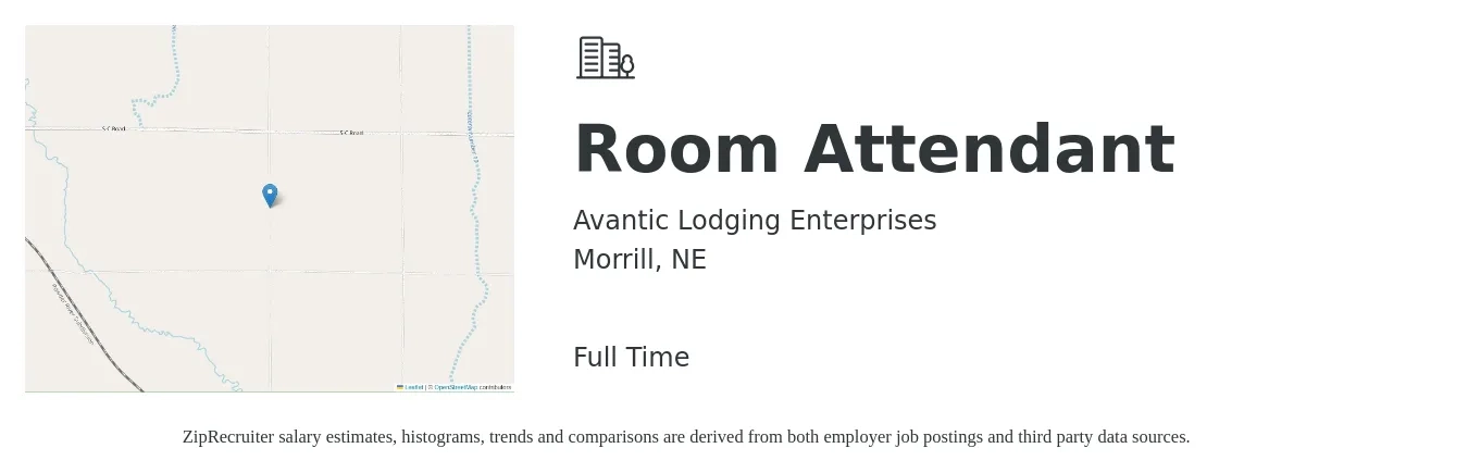 Avantic Lodging Enterprises job posting for a Room Attendant in Morrill, NE with a salary of $14 to $18 Hourly with a map of Morrill location.