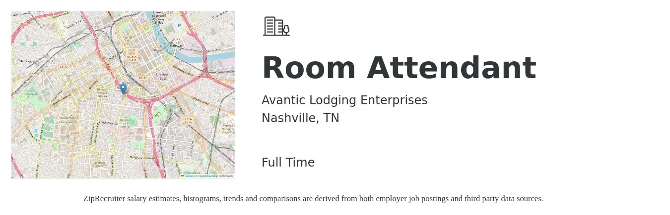Avantic Lodging Enterprises job posting for a Room Attendant in Nashville, TN with a salary of $14 to $17 Hourly with a map of Nashville location.