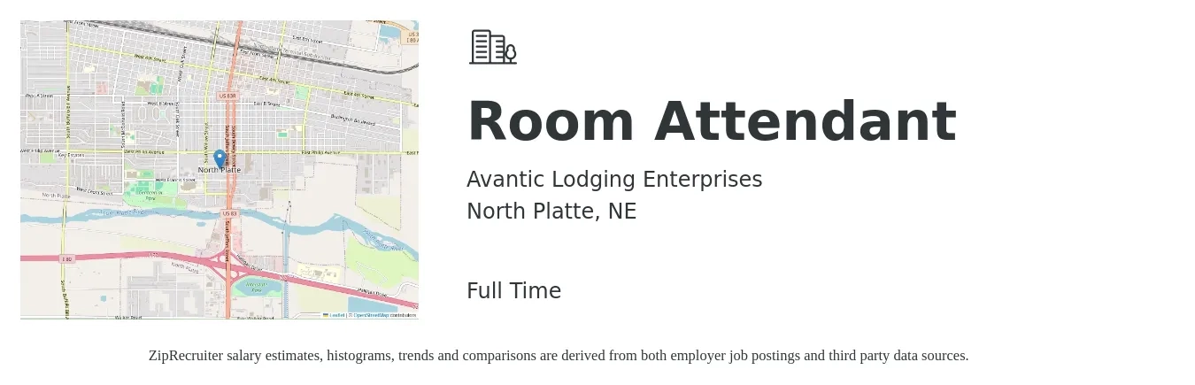 Avantic Lodging Enterprises job posting for a Room Attendant in North Platte, NE with a salary of $14 to $17 Hourly with a map of North Platte location.