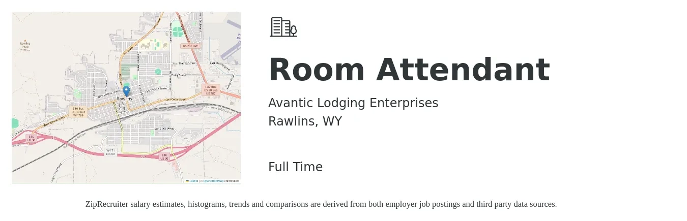 Avantic Lodging Enterprises job posting for a Room Attendant in Rawlins, WY with a salary of $12 to $16 Hourly with a map of Rawlins location.