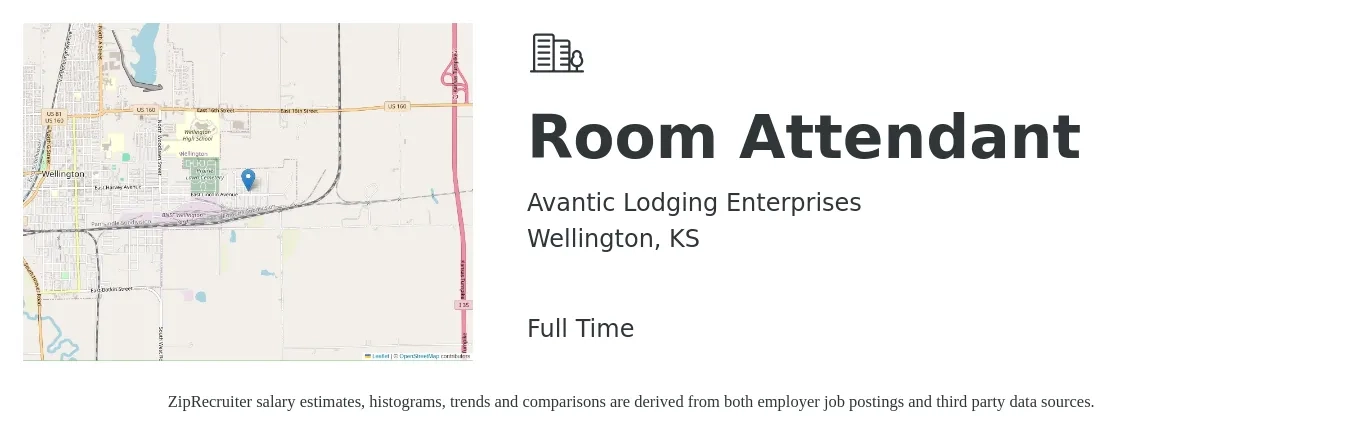 Avantic Lodging Enterprises job posting for a Room Attendant in Wellington, KS with a salary of $12 to $14 Hourly with a map of Wellington location.