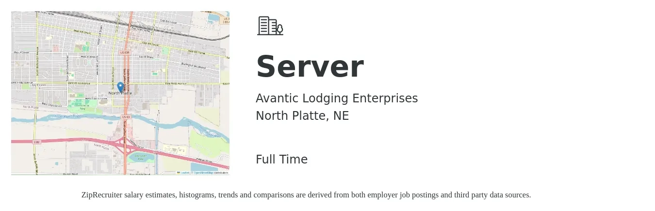 Avantic Lodging Enterprises job posting for a Server in North Platte, NE with a salary of $10 to $18 Hourly with a map of North Platte location.