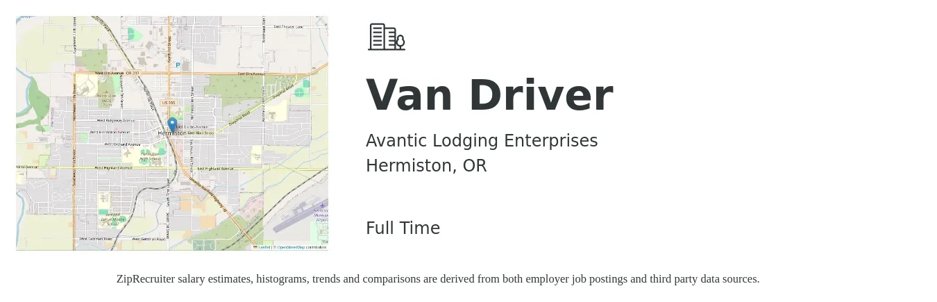 Avantic Lodging Enterprises job posting for a Van Driver in Hermiston, OR with a salary of $14 to $18 Hourly with a map of Hermiston location.