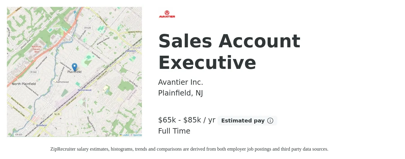 Avantier Inc. job posting for a Sales Account Executive in Plainfield, NJ with a salary of $65,000 to $85,000 Yearly with a map of Plainfield location.
