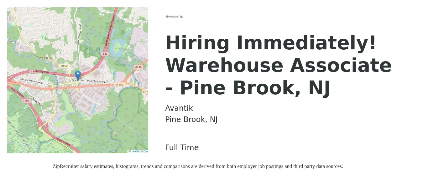 Avantik job posting for a Hiring Immediately! Warehouse Associate - Pine Brook, NJ in Pine Brook, NJ with a salary of $16 to $20 Hourly with a map of Pine Brook location.
