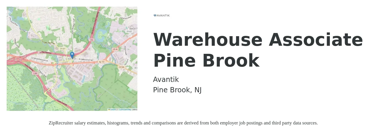 Avantik job posting for a Warehouse Associate Pine Brook in Pine Brook, NJ with a salary of $16 to $19 Hourly with a map of Pine Brook location.