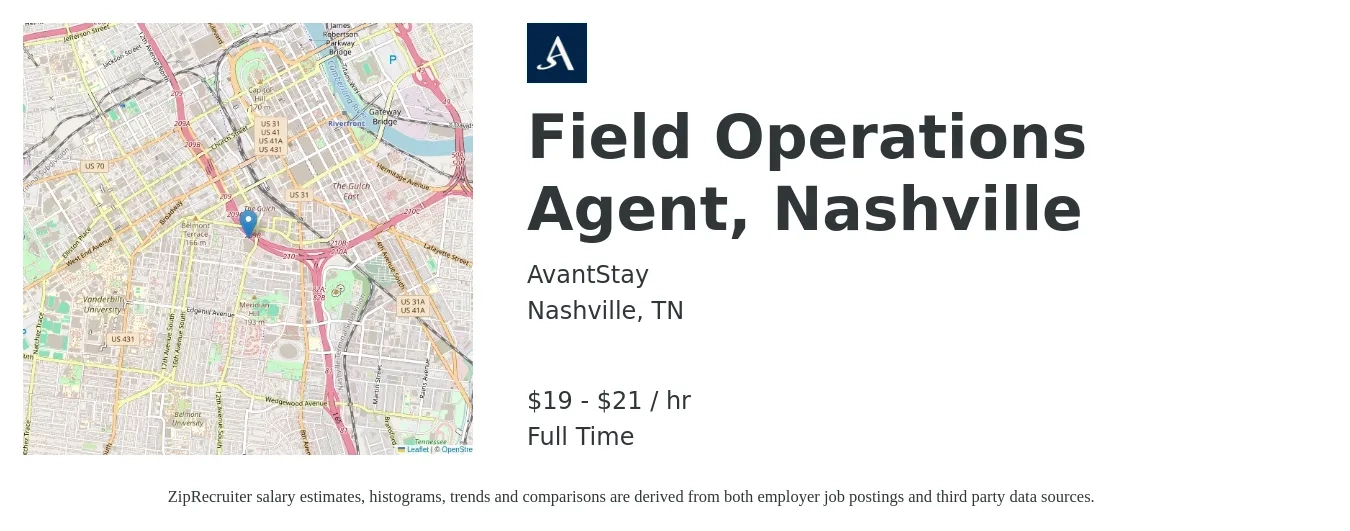 AvantStay job posting for a Field Operations Agent, Nashville in Nashville, TN with a salary of $20 to $22 Hourly with a map of Nashville location.