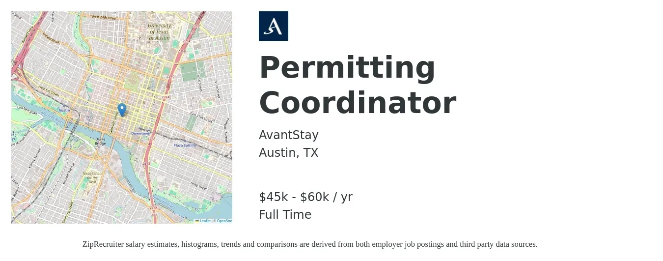 AvantStay job posting for a Permitting Coordinator in Austin, TX with a salary of $45,000 to $60,000 Yearly with a map of Austin location.