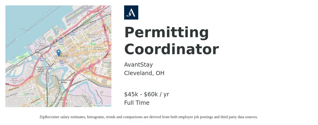 AvantStay job posting for a Permitting Coordinator in Cleveland, OH with a salary of $45,000 to $60,000 Yearly with a map of Cleveland location.