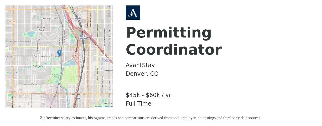 AvantStay job posting for a Permitting Coordinator in Denver, CO with a salary of $45,000 to $60,000 Yearly with a map of Denver location.