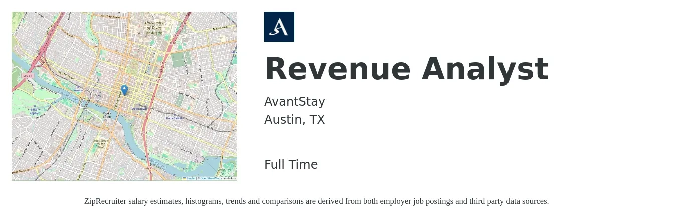 AvantStay job posting for a Revenue Analyst in Austin, TX with a salary of $59,000 to $85,200 Yearly with a map of Austin location.