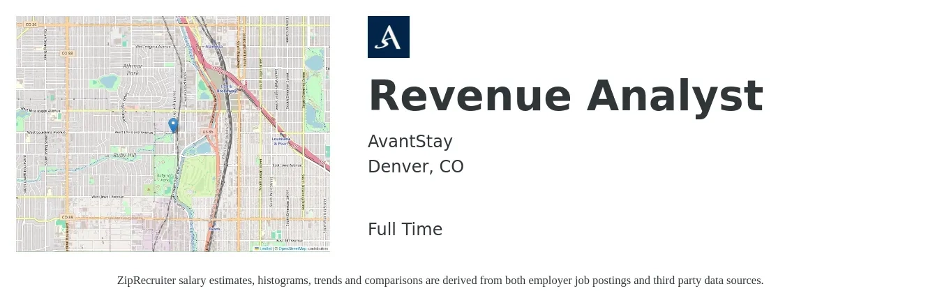 AvantStay job posting for a Revenue Analyst in Denver, CO with a salary of $61,200 to $88,500 Yearly with a map of Denver location.