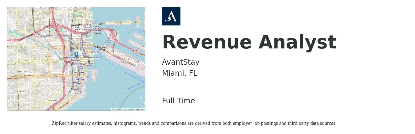 AvantStay job posting for a Revenue Analyst in Miami, FL with a salary of $56,900 to $82,300 Yearly with a map of Miami location.