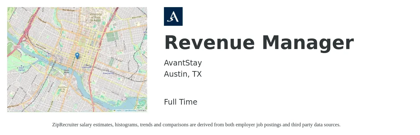 AvantStay job posting for a Revenue Manager in Austin, TX with a salary of $70,400 to $106,600 Yearly with a map of Austin location.