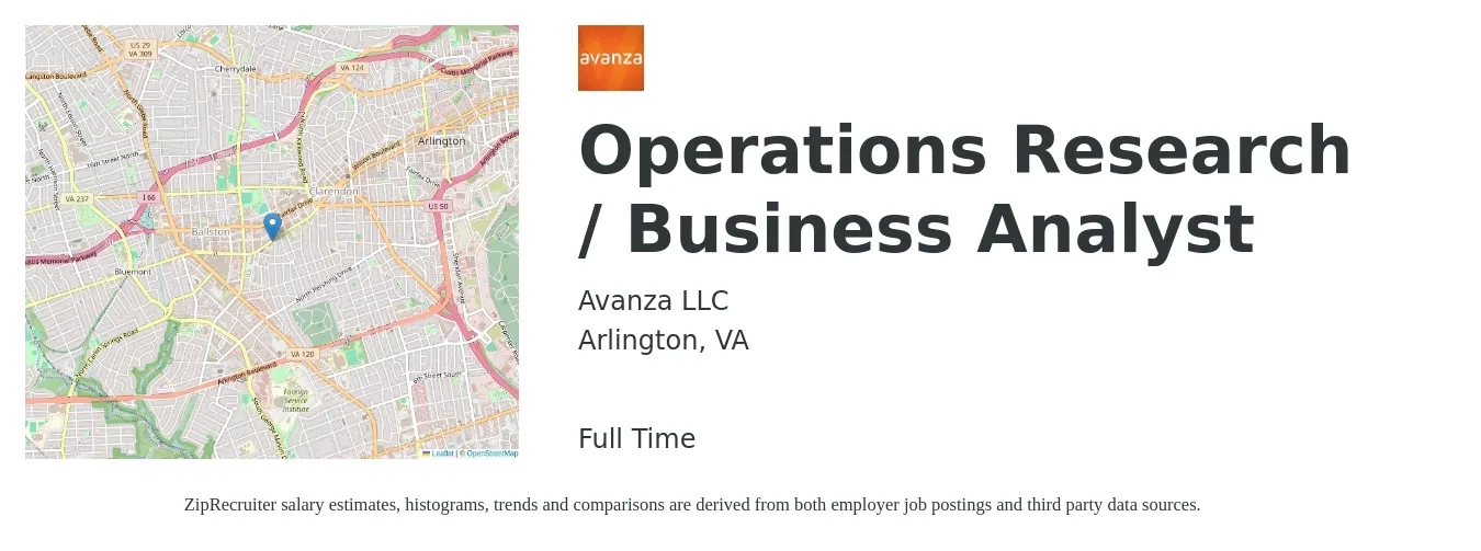 Avanza LLC job posting for a Operations Research / Business Analyst in Arlington, VA with a salary of $109,000 to $136,000 Yearly with a map of Arlington location.