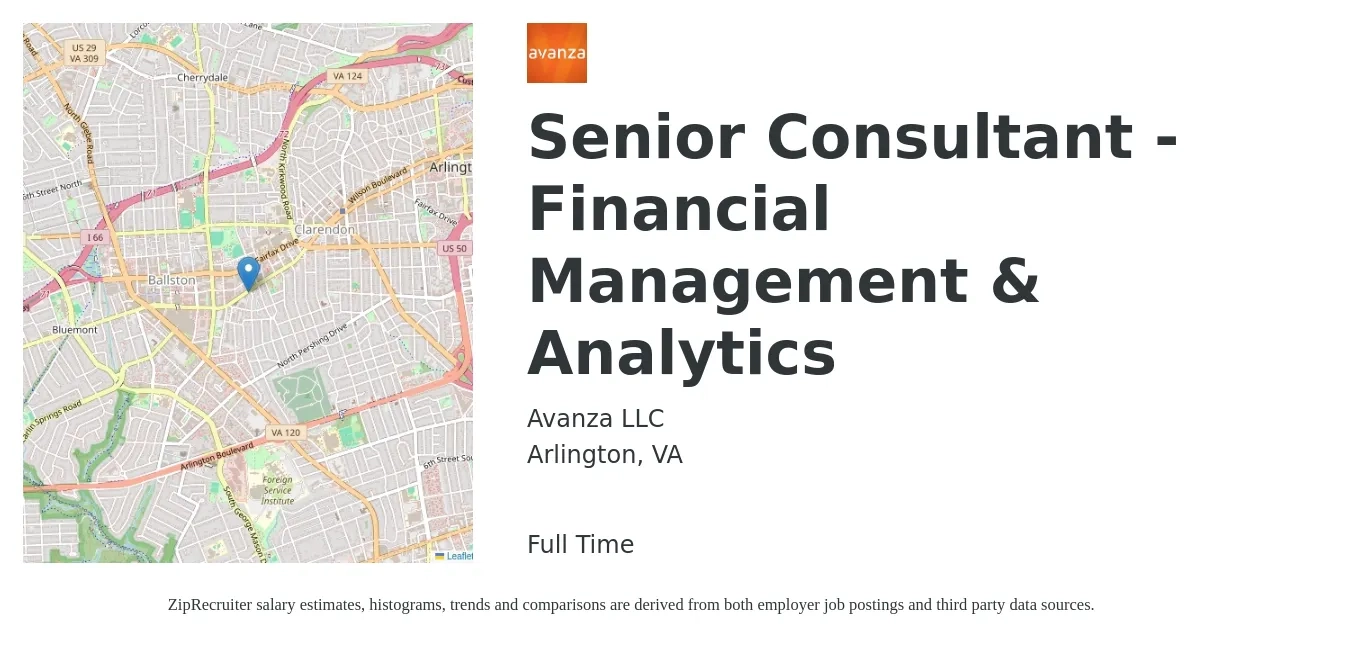 Avanza LLC job posting for a Senior Consultant - Financial Management & Analytics in Arlington, VA with a salary of $110 Hourly with a map of Arlington location.