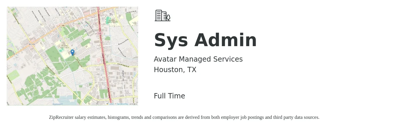 Avatar Managed Services job posting for a Sys Admin in Houston, TX with a salary of $66,800 to $99,300 Yearly with a map of Houston location.
