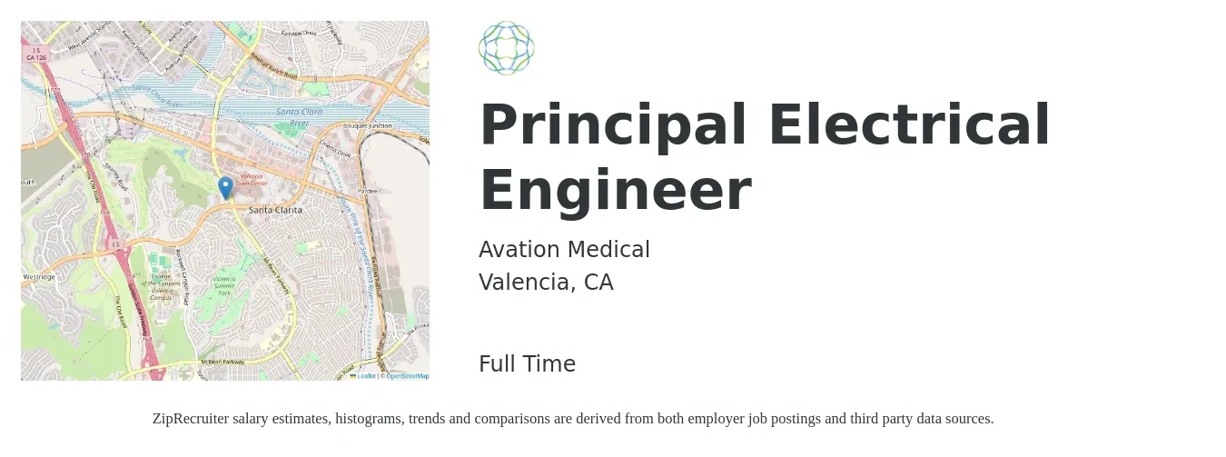 Avation Medical job posting for a Principal Electrical Engineer in Valencia, CA with a salary of $141,000 to $172,500 Yearly with a map of Valencia location.
