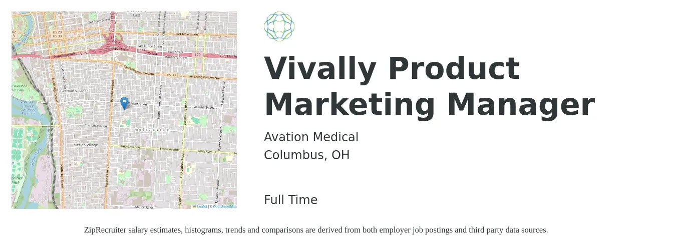 Avation Medical job posting for a Vivally Product Marketing Manager in Columbus, OH with a salary of $148,600 Yearly with a map of Columbus location.