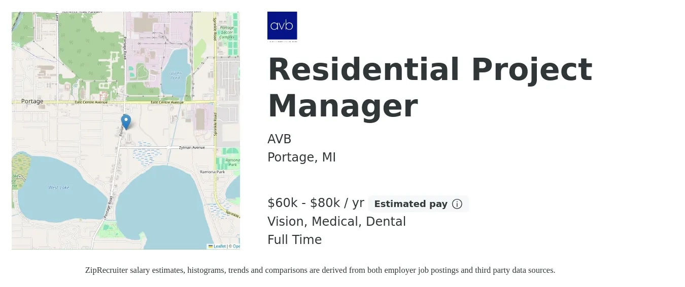 AVB job posting for a Residential Project Manager in Portage, MI with a salary of $60,000 to $80,000 Yearly and benefits including dental, life_insurance, medical, pto, retirement, and vision with a map of Portage location.