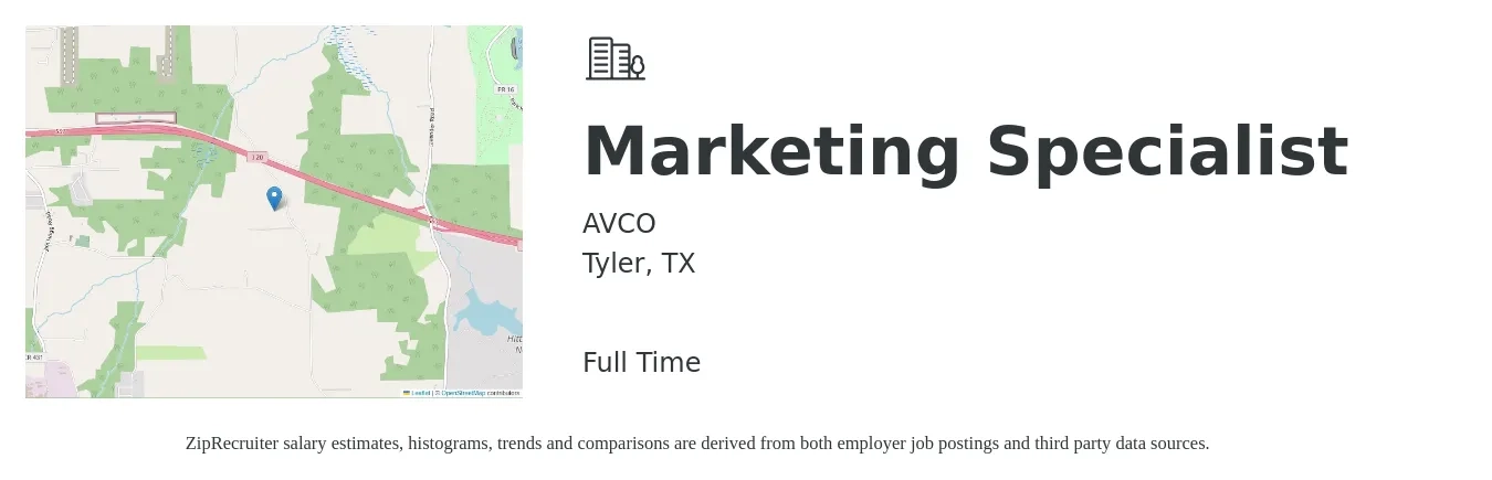 AVCO job posting for a Marketing Specialist in Tyler, TX with a salary of $44,800 to $66,000 Yearly with a map of Tyler location.