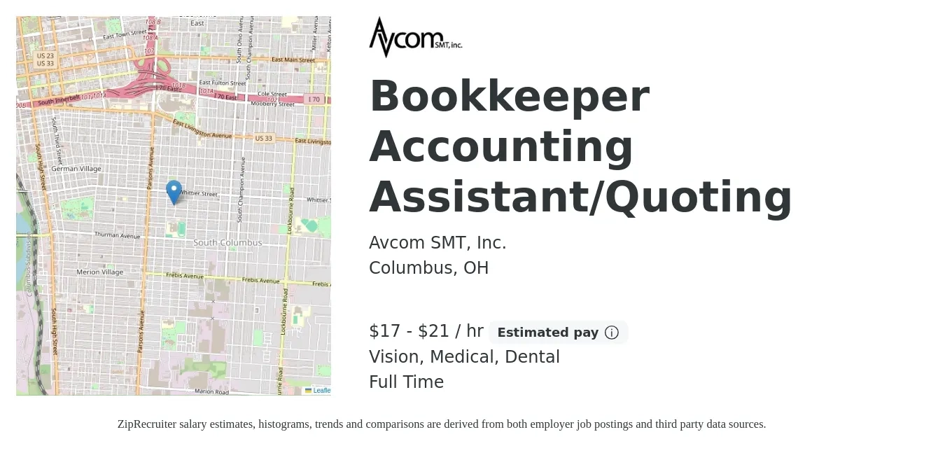 Avcom SMT, Inc. job posting for a Bookkeeper Accounting Assistant/Quoting in Columbus, OH with a salary of $18 to $22 Hourly and benefits including medical, retirement, vision, dental, and life_insurance with a map of Columbus location.