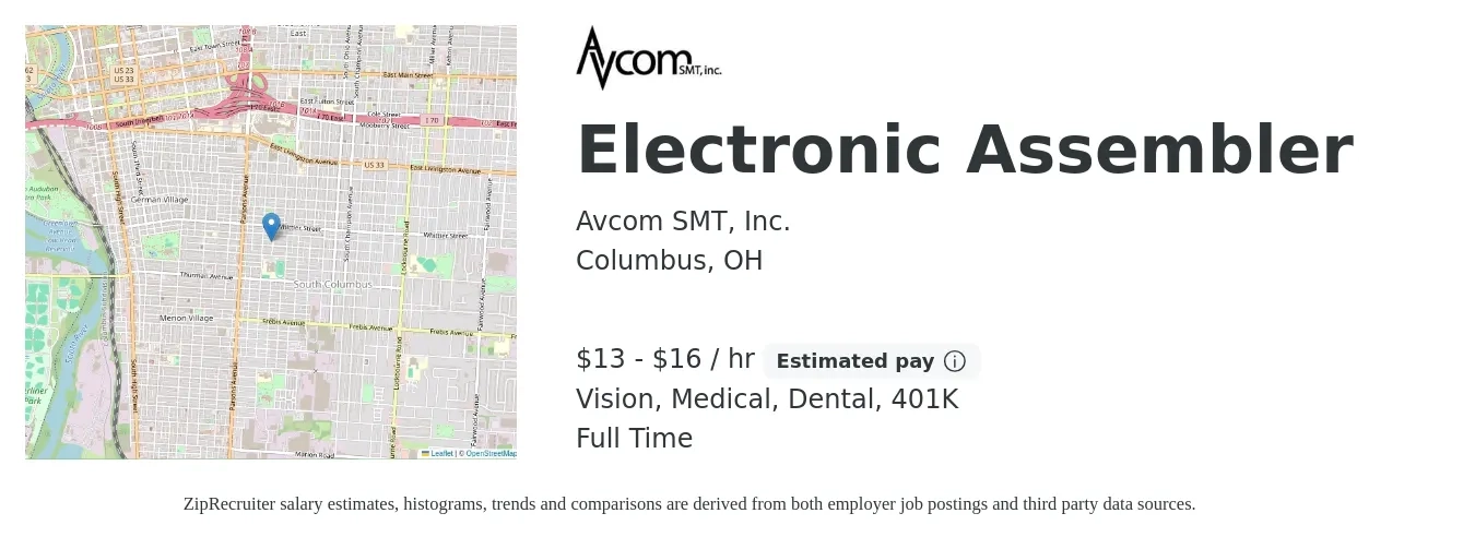 Avcom SMT, Inc. job posting for a Electronic Assembler in Columbus, OH with a salary of $14 to $17 Hourly and benefits including 401k, dental, life_insurance, medical, and vision with a map of Columbus location.