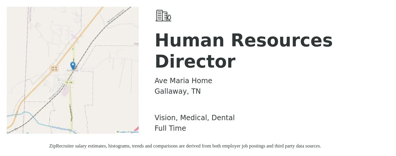 Ave Maria Home job posting for a Human Resources Director in Gallaway, TN with a salary of $79,600 to $122,800 Yearly and benefits including retirement, vision, dental, life_insurance, and medical with a map of Gallaway location.