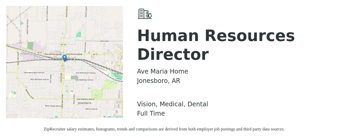 Ave Maria Home job posting for a Human Resources Director in Jonesboro, AR with a salary of $88,300 to $136,200 Yearly and benefits including medical, retirement, vision, dental, and life_insurance with a map of Jonesboro location.