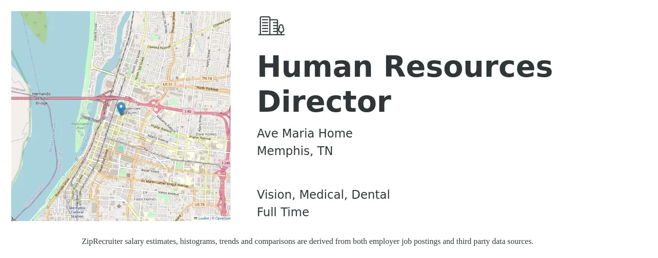 Ave Maria Home job posting for a Human Resources Director in Memphis, TN with a salary of $86,000 to $132,600 Yearly and benefits including medical, retirement, vision, dental, and life_insurance with a map of Memphis location.