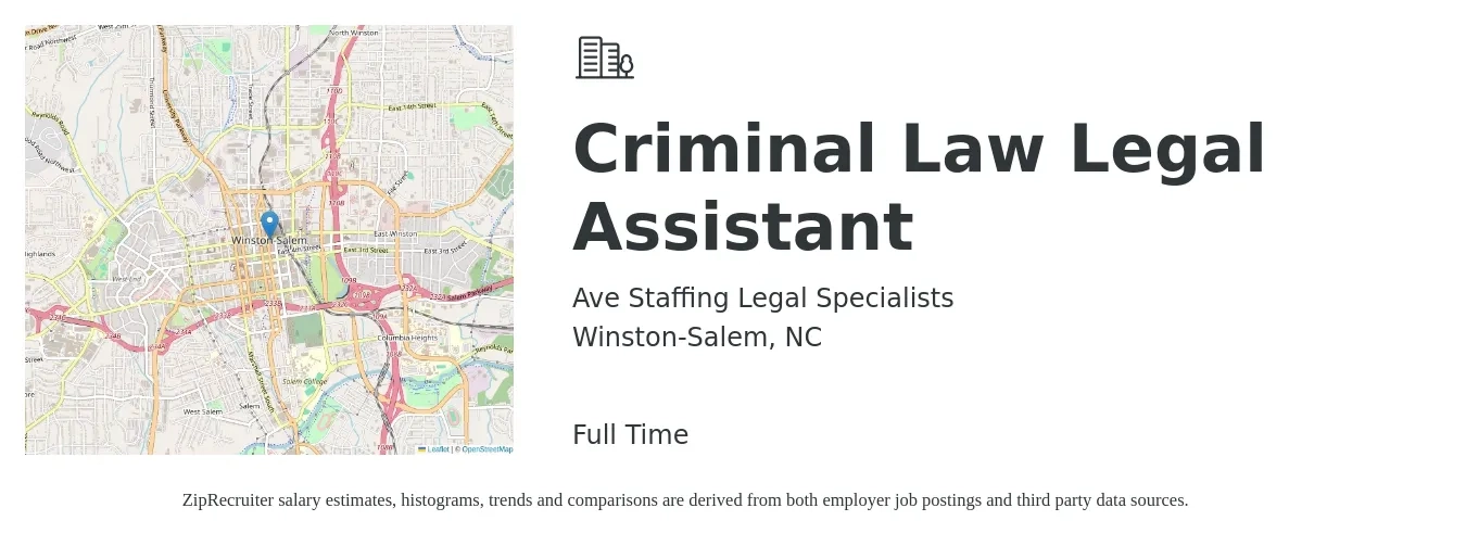 Ave Staffing Legal Specialists job posting for a Criminal Law Legal Assistant in Winston-Salem, NC with a salary of $35,100 to $50,700 Yearly with a map of Winston-Salem location.