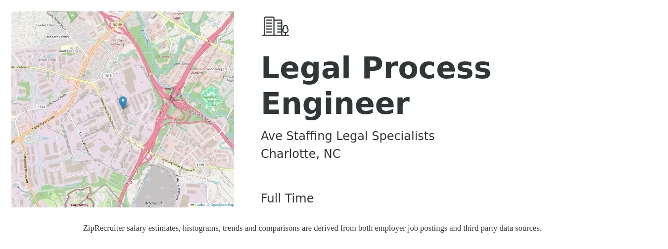 Ave Staffing Legal Specialists job posting for a Legal Process Engineer in Charlotte, NC with a salary of $5,450 to $5,980 Monthly with a map of Charlotte location.