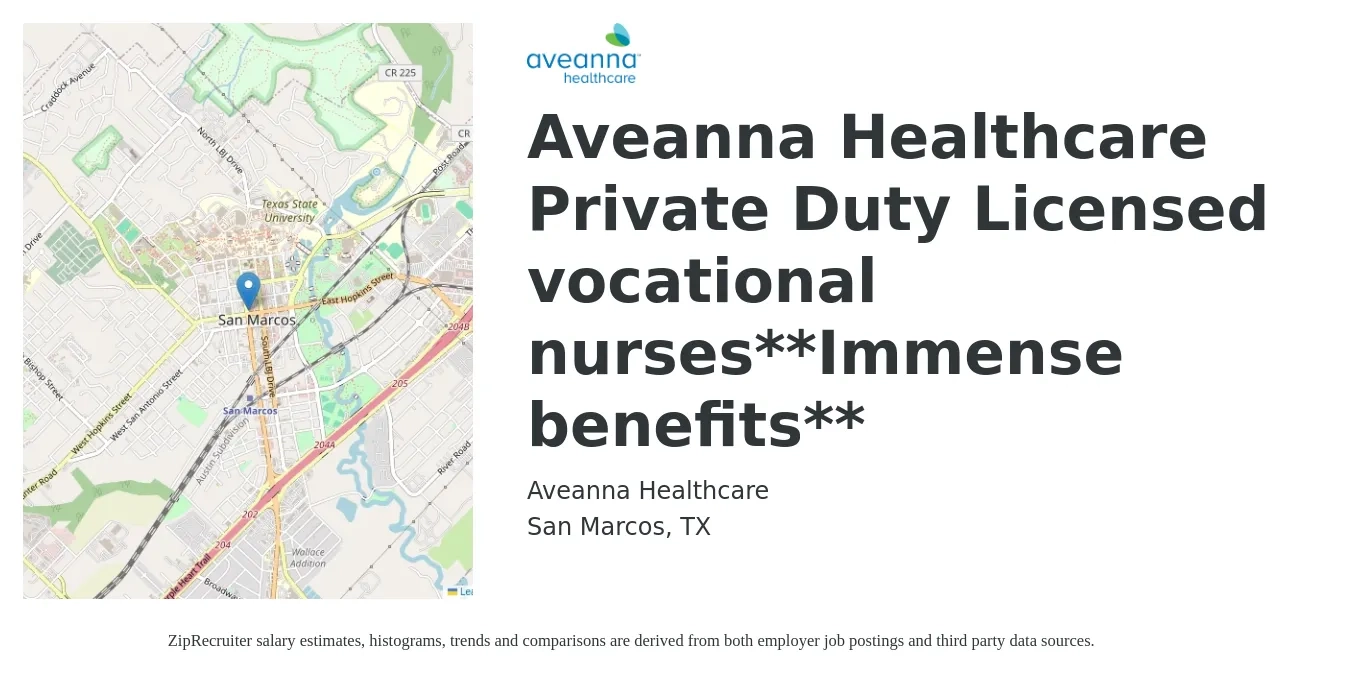 Aveanna Healthcare job posting for a Aveanna Healthcare Private Duty Licensed vocational nurses**Immense benefits** in San Marcos, TX with a salary of $1,090 to $1,530 Weekly with a map of San Marcos location.