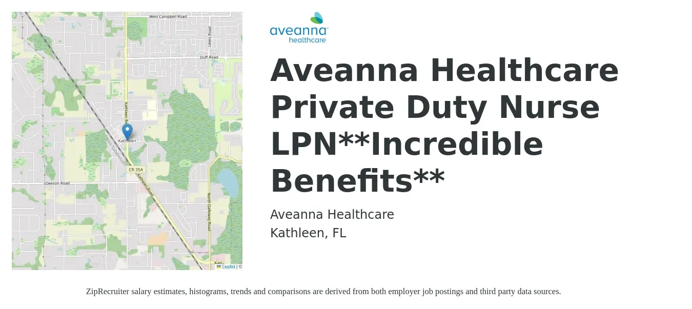 Aveanna Healthcare job posting for a Aveanna Healthcare Private Duty Nurse LPN**Incredible Benefits** in Kathleen, FL with a salary of $23 to $31 Hourly with a map of Kathleen location.