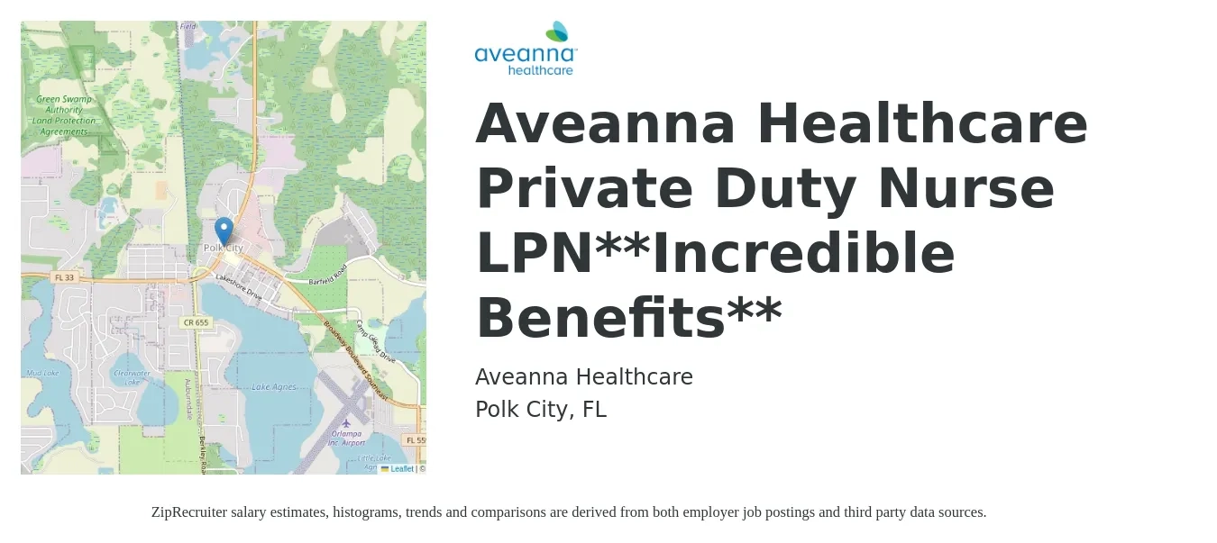 Aveanna Healthcare job posting for a Aveanna Healthcare Private Duty Nurse LPN**Incredible Benefits** in Polk City, FL with a salary of $23 to $30 Hourly with a map of Polk City location.
