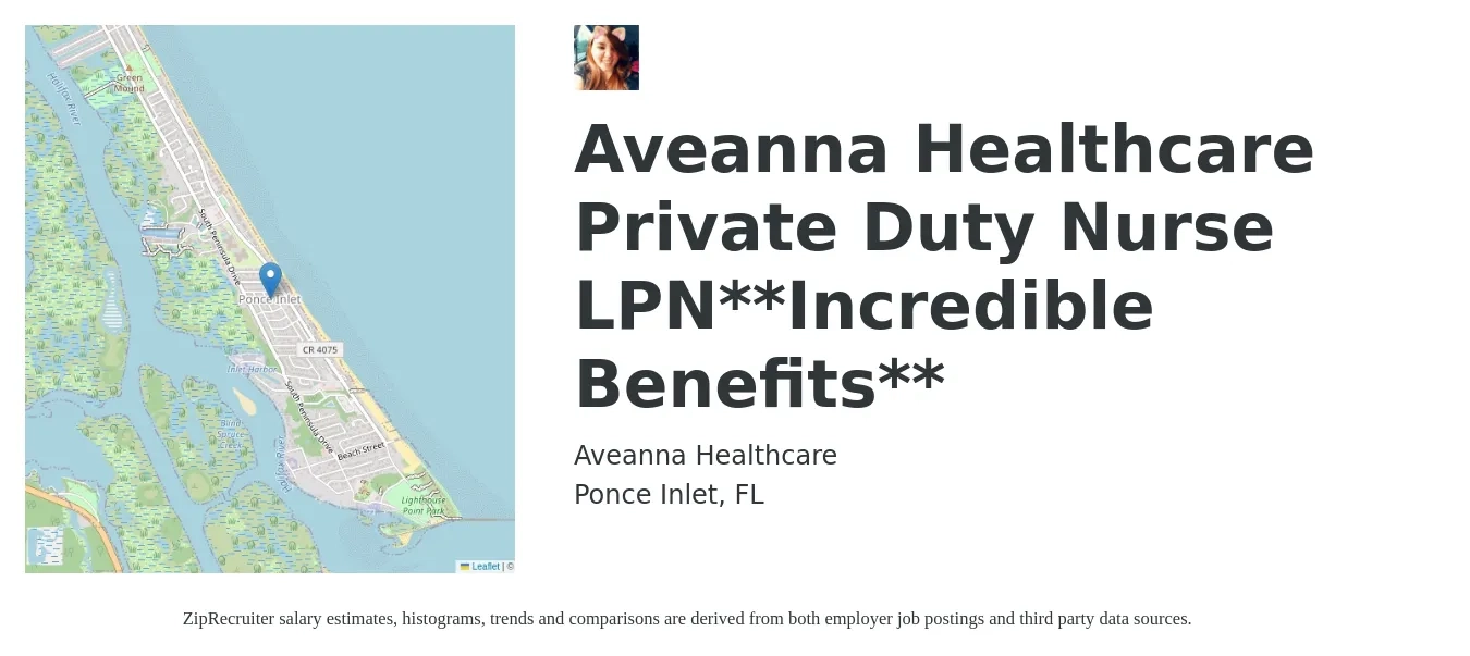 Aveanna Healthcare job posting for a Aveanna Healthcare Private Duty Nurse LPN**Incredible Benefits** in Ponce Inlet, FL with a salary of $21 to $28 Hourly with a map of Ponce Inlet location.