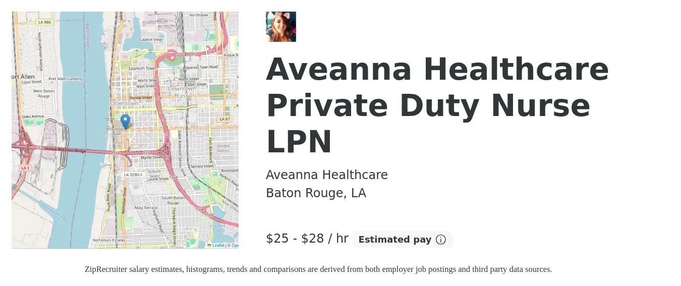 Aveanna Healthcare job posting for a Aveanna Healthcare Private Duty Nurse LPN in Baton Rouge, LA with a salary of $26 to $30 Hourly with a map of Baton Rouge location.