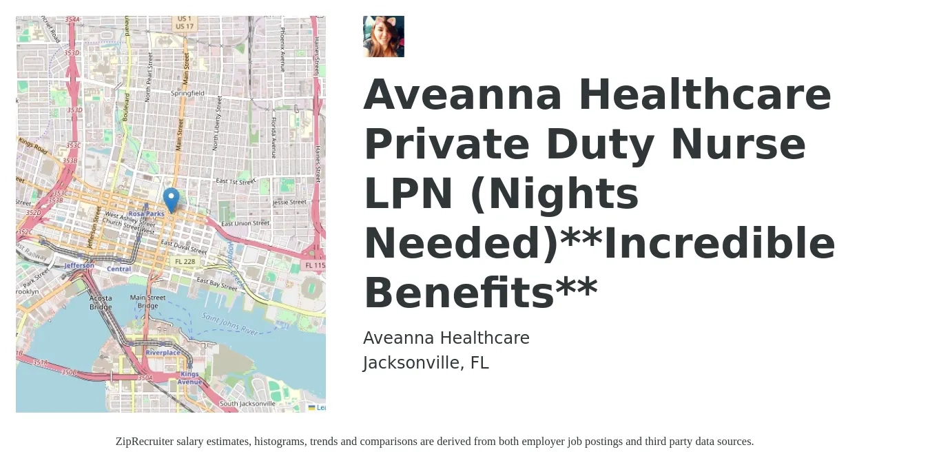 Aveanna Healthcare job posting for a Aveanna Healthcare Private Duty Nurse LPN (Nights Needed)**Incredible Benefits** in Jacksonville, FL with a salary of $23 to $30 Hourly with a map of Jacksonville location.