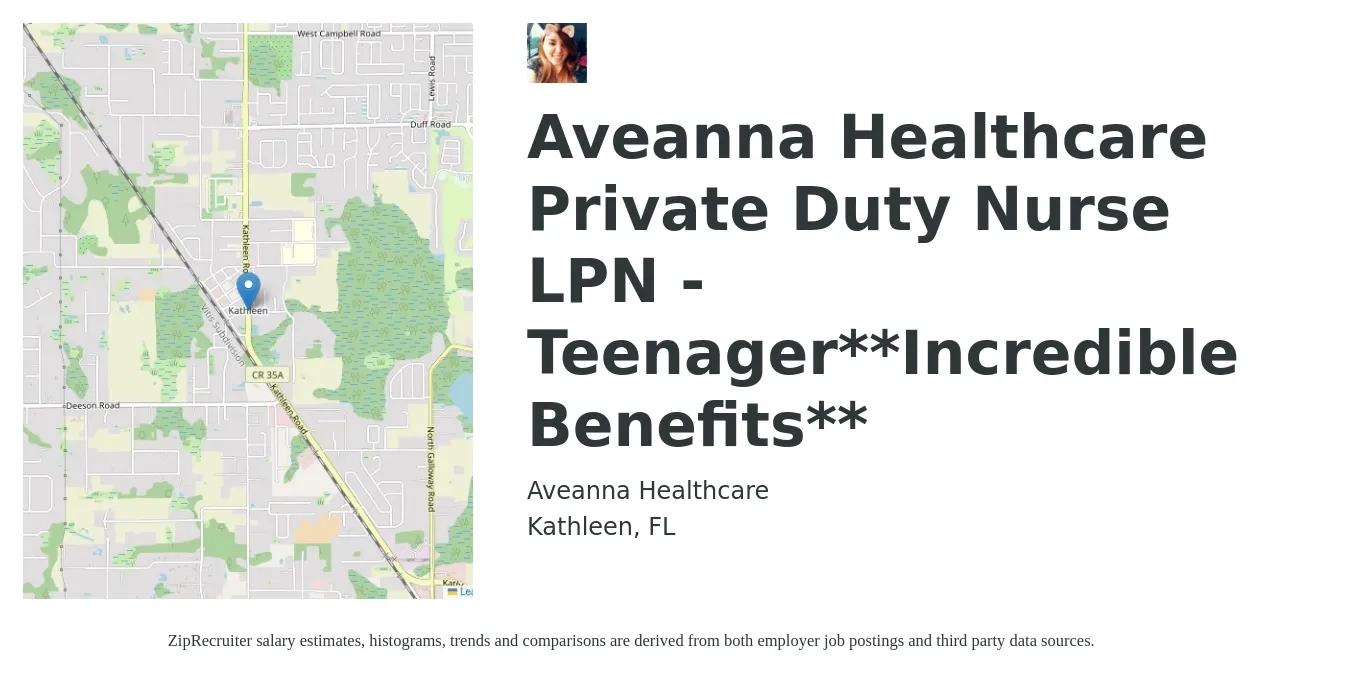 Aveanna Healthcare job posting for a Aveanna Healthcare Private Duty Nurse LPN - Teenager**Incredible Benefits** in Kathleen, FL with a salary of $23 to $31 Hourly with a map of Kathleen location.